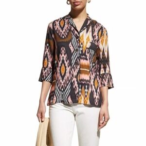 Figue Nova Blouse Small Abstract Ikat Print Boho Luxe Top 3/4‎ Sleeve
